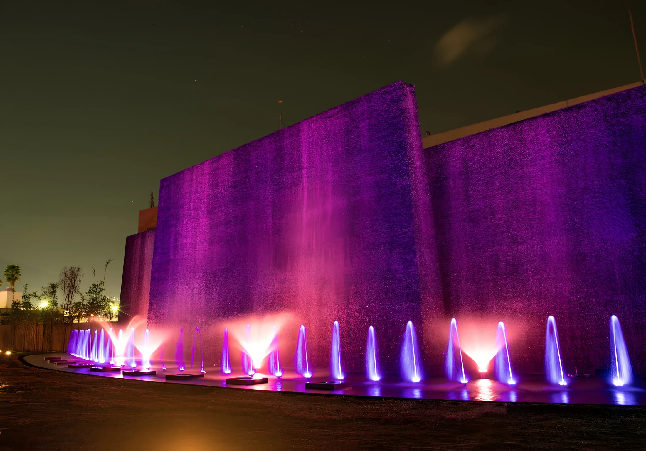 Aquatronic fountain installation at night